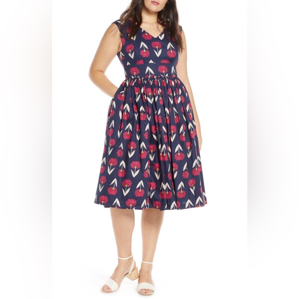 ModCloth Fabulous Navy Floral Cotton Fit & Flare Dress, Plus, 20, Wedding Guest